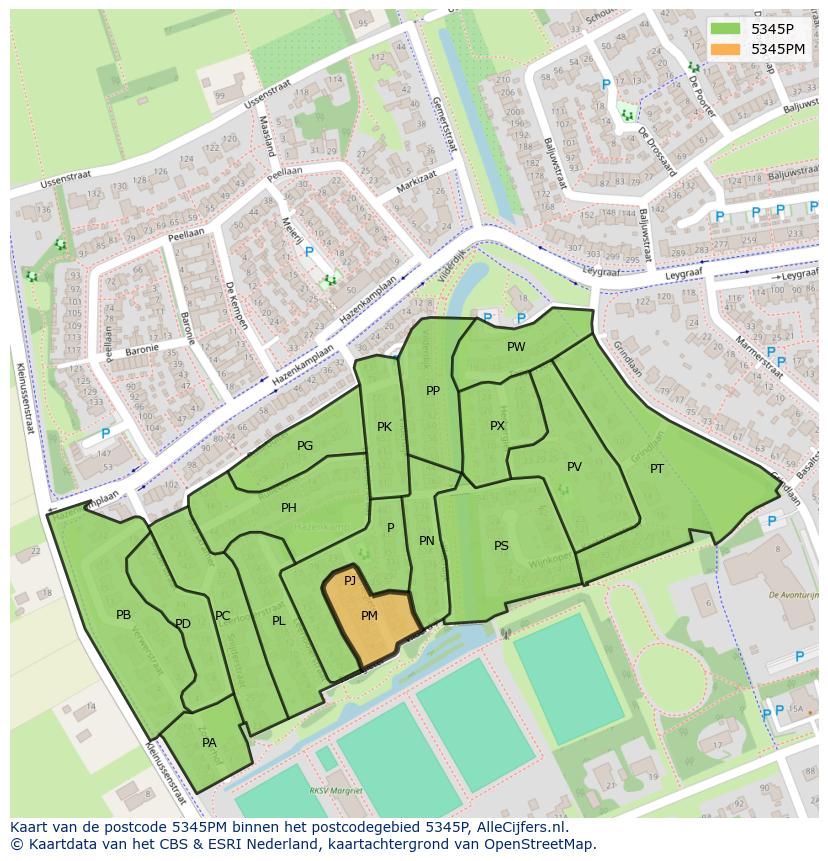 Afbeelding van het postcodegebied 5345 PM op de kaart.