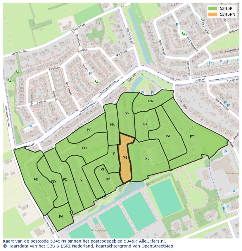 Afbeelding van het postcodegebied 5345 PN op de kaart.