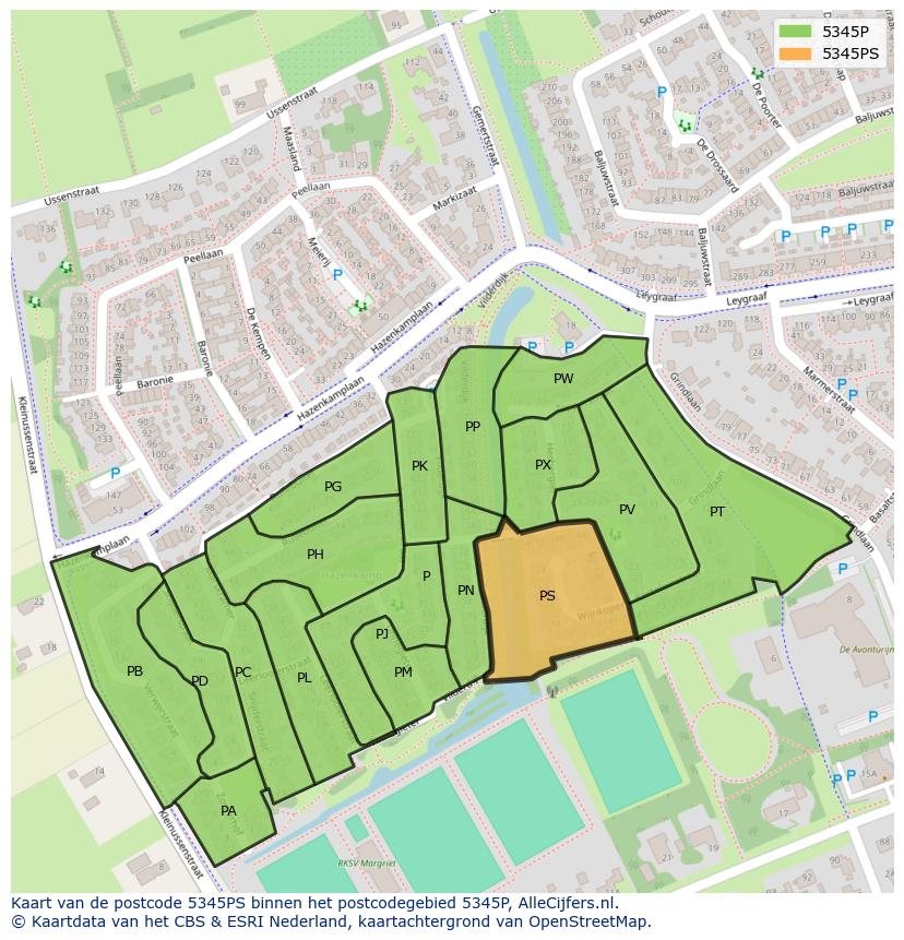 Afbeelding van het postcodegebied 5345 PS op de kaart.