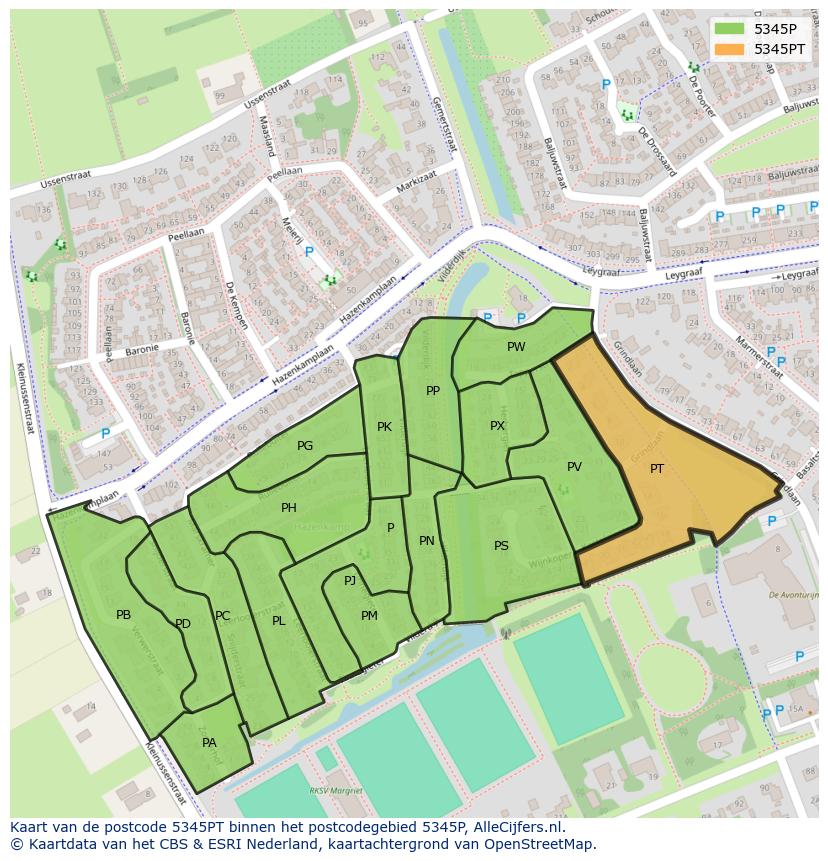 Afbeelding van het postcodegebied 5345 PT op de kaart.