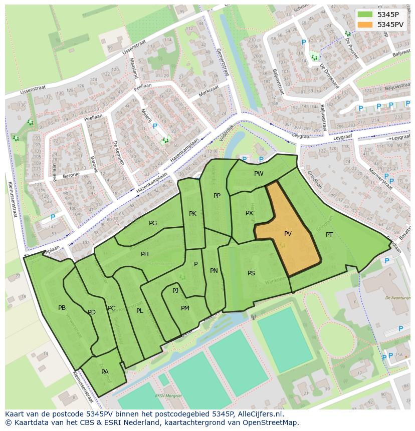 Afbeelding van het postcodegebied 5345 PV op de kaart.