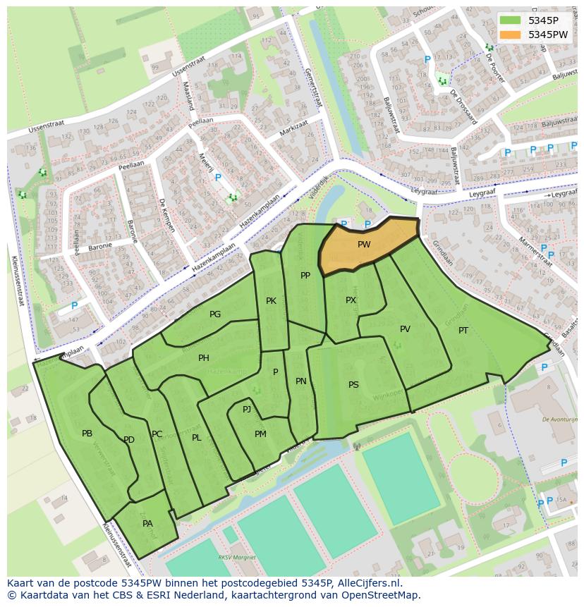 Afbeelding van het postcodegebied 5345 PW op de kaart.