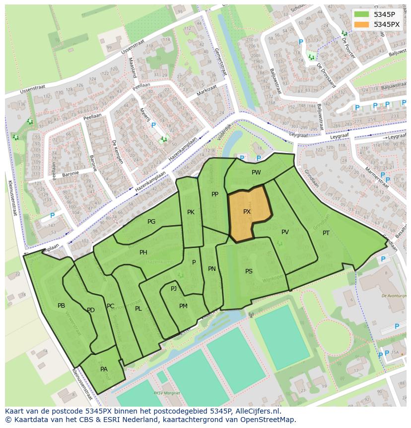 Afbeelding van het postcodegebied 5345 PX op de kaart.