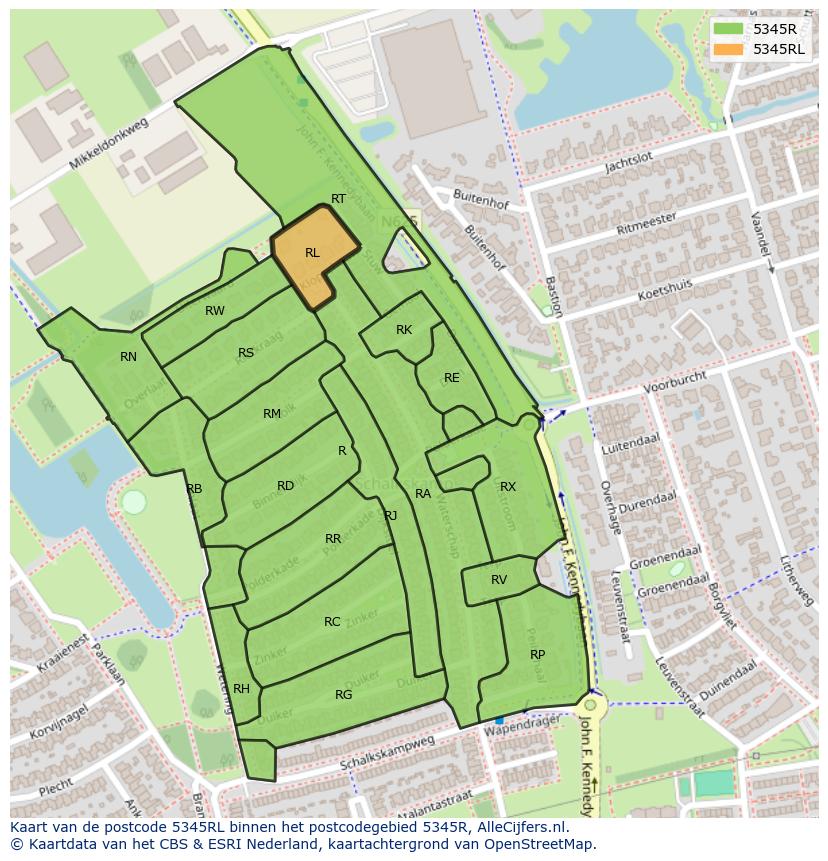 Afbeelding van het postcodegebied 5345 RL op de kaart.
