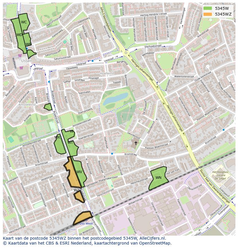 Afbeelding van het postcodegebied 5345 WZ op de kaart.
