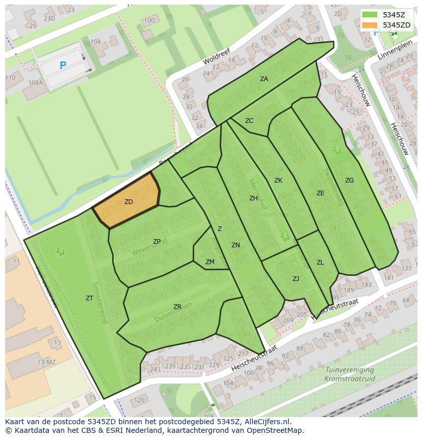 Afbeelding van het postcodegebied 5345 ZD op de kaart.