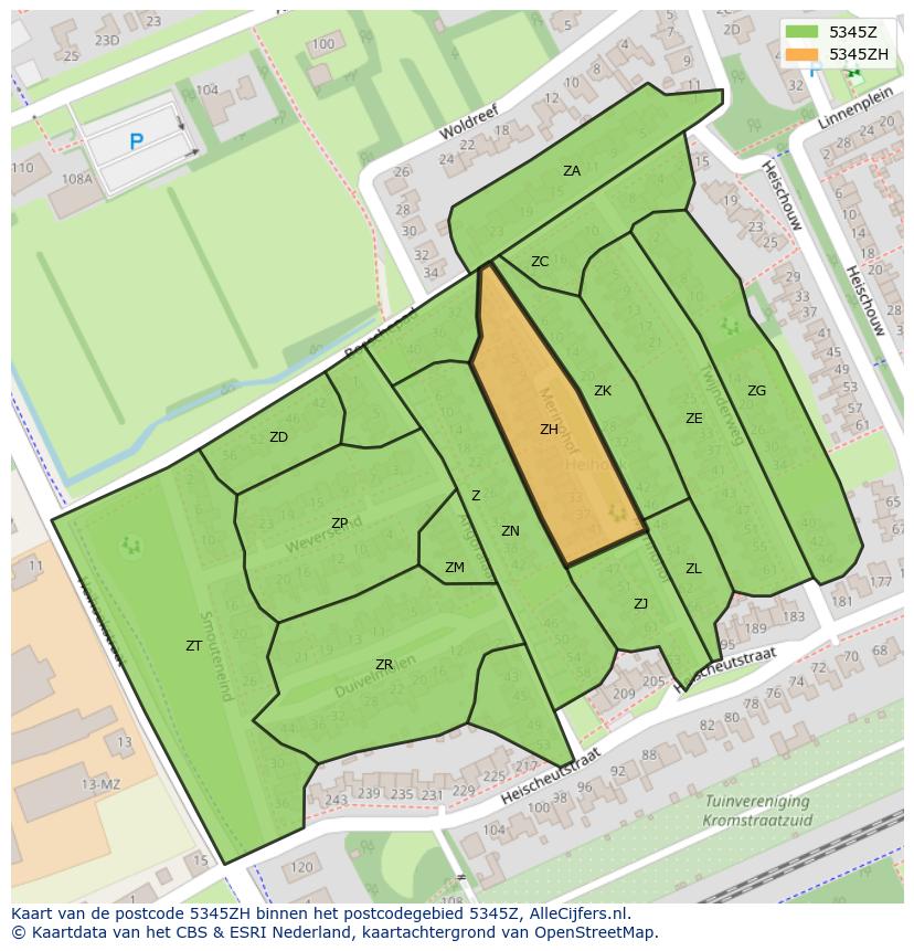 Afbeelding van het postcodegebied 5345 ZH op de kaart.
