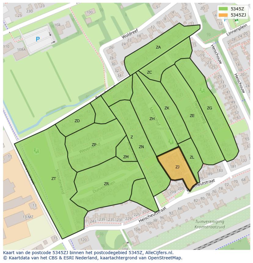 Afbeelding van het postcodegebied 5345 ZJ op de kaart.