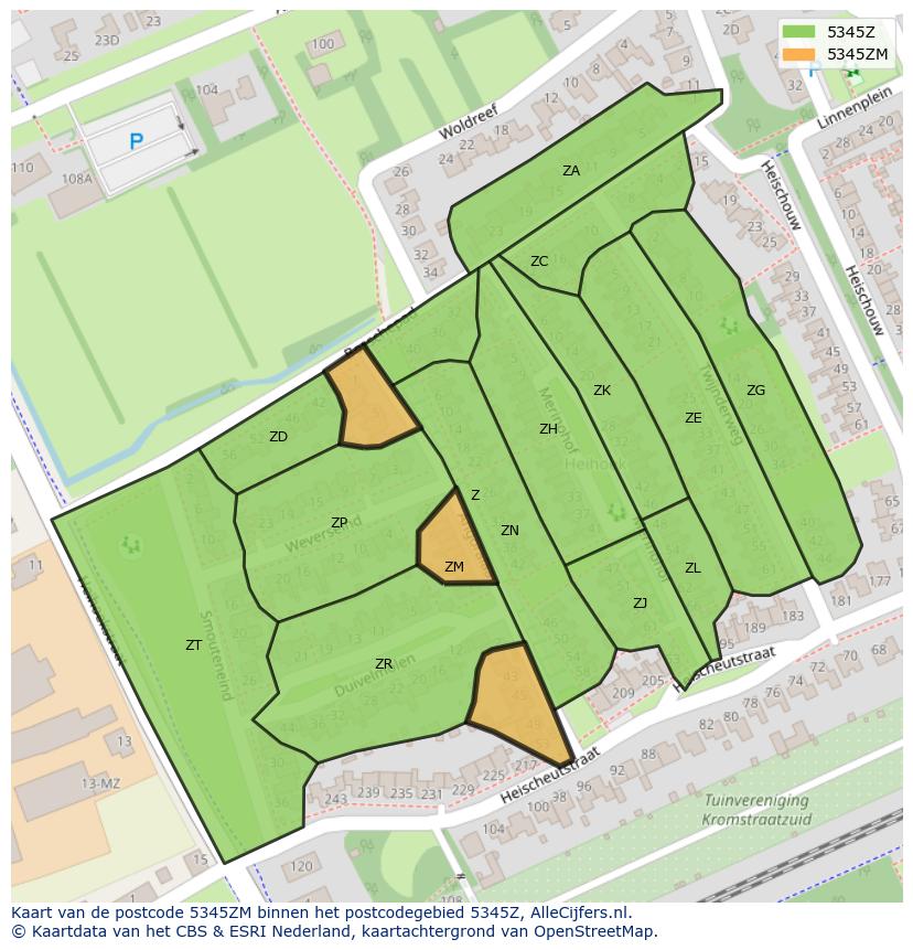 Afbeelding van het postcodegebied 5345 ZM op de kaart.