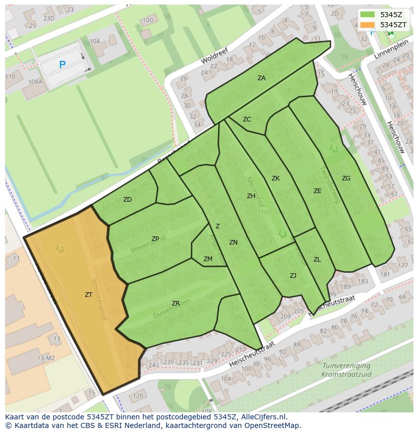 Afbeelding van het postcodegebied 5345 ZT op de kaart.