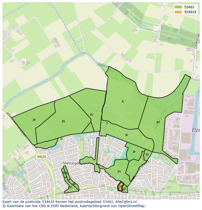 Afbeelding van het postcodegebied 5346 JX op de kaart.