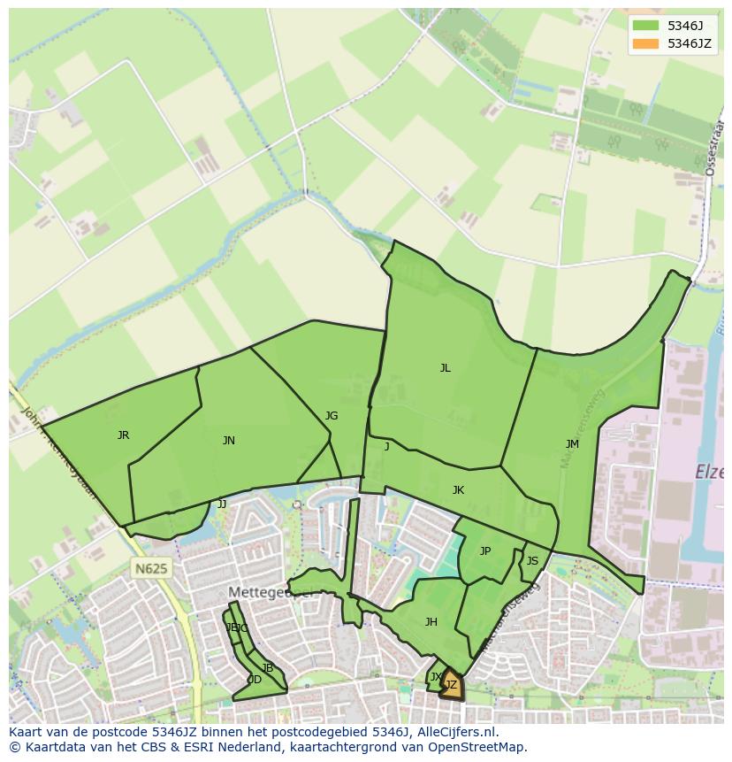 Afbeelding van het postcodegebied 5346 JZ op de kaart.