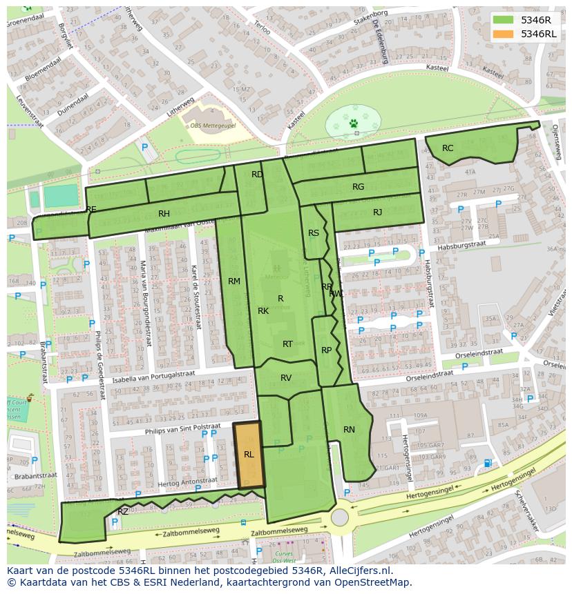 Afbeelding van het postcodegebied 5346 RL op de kaart.