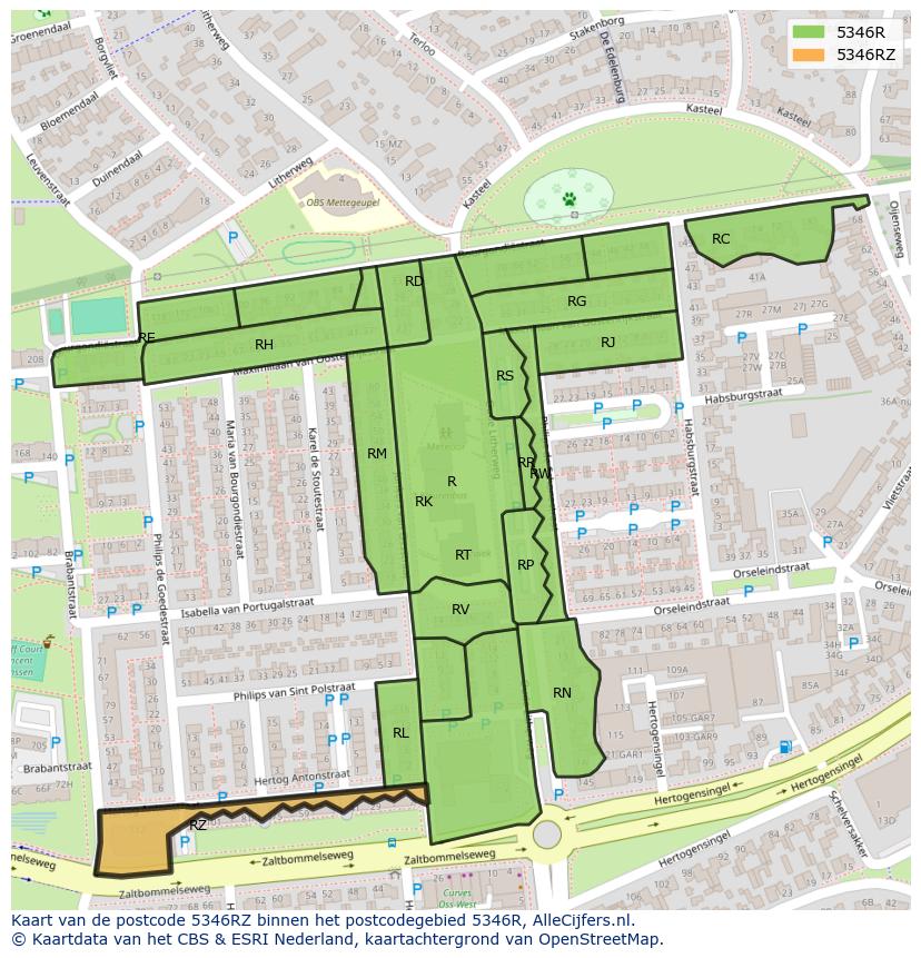 Afbeelding van het postcodegebied 5346 RZ op de kaart.