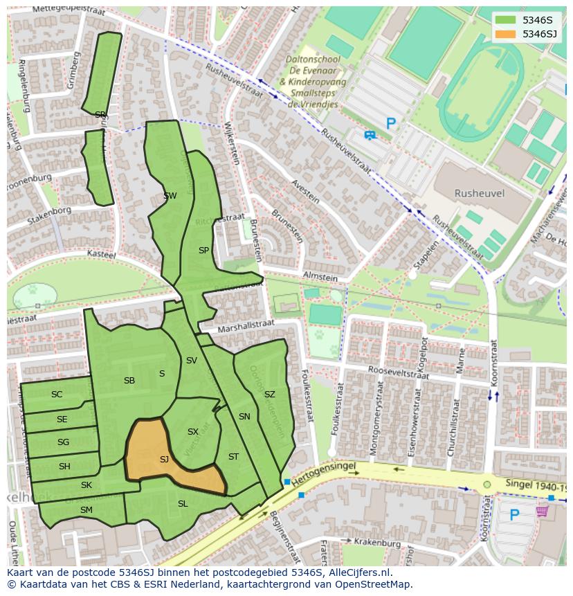 Afbeelding van het postcodegebied 5346 SJ op de kaart.