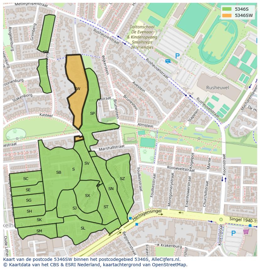 Afbeelding van het postcodegebied 5346 SW op de kaart.