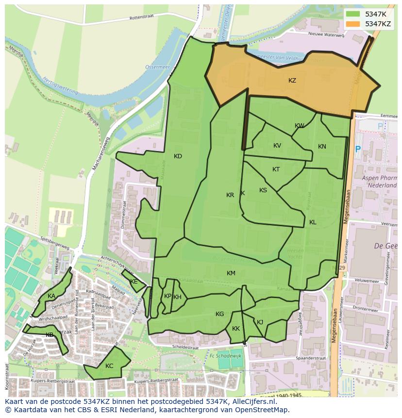 Afbeelding van het postcodegebied 5347 KZ op de kaart.