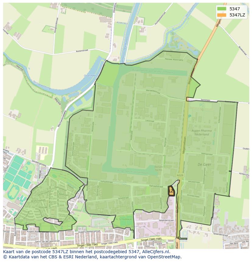 Afbeelding van het postcodegebied 5347 LZ op de kaart.