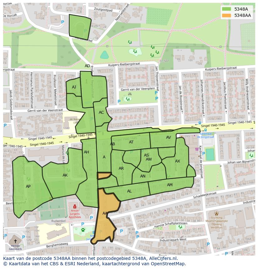 Afbeelding van het postcodegebied 5348 AA op de kaart.