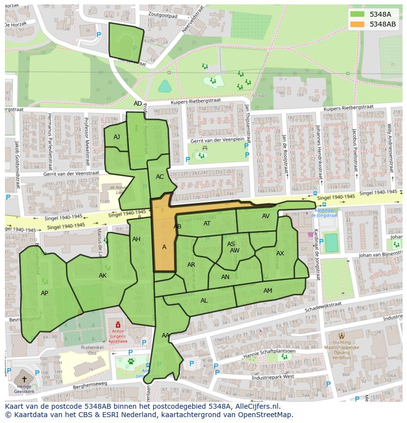 Afbeelding van het postcodegebied 5348 AB op de kaart.
