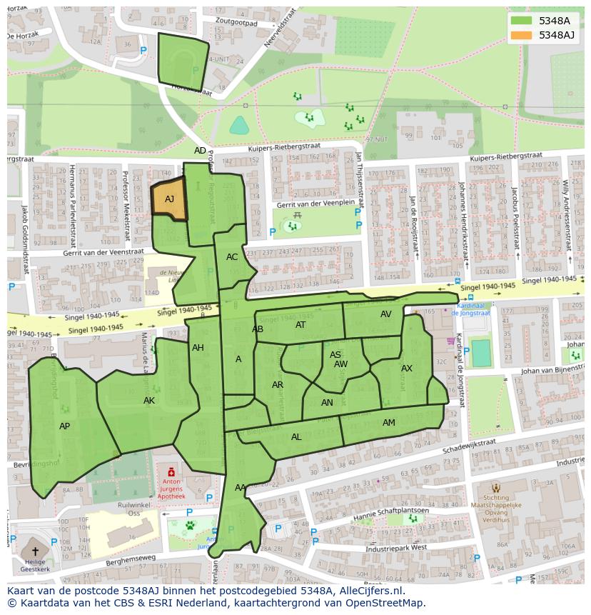 Afbeelding van het postcodegebied 5348 AJ op de kaart.