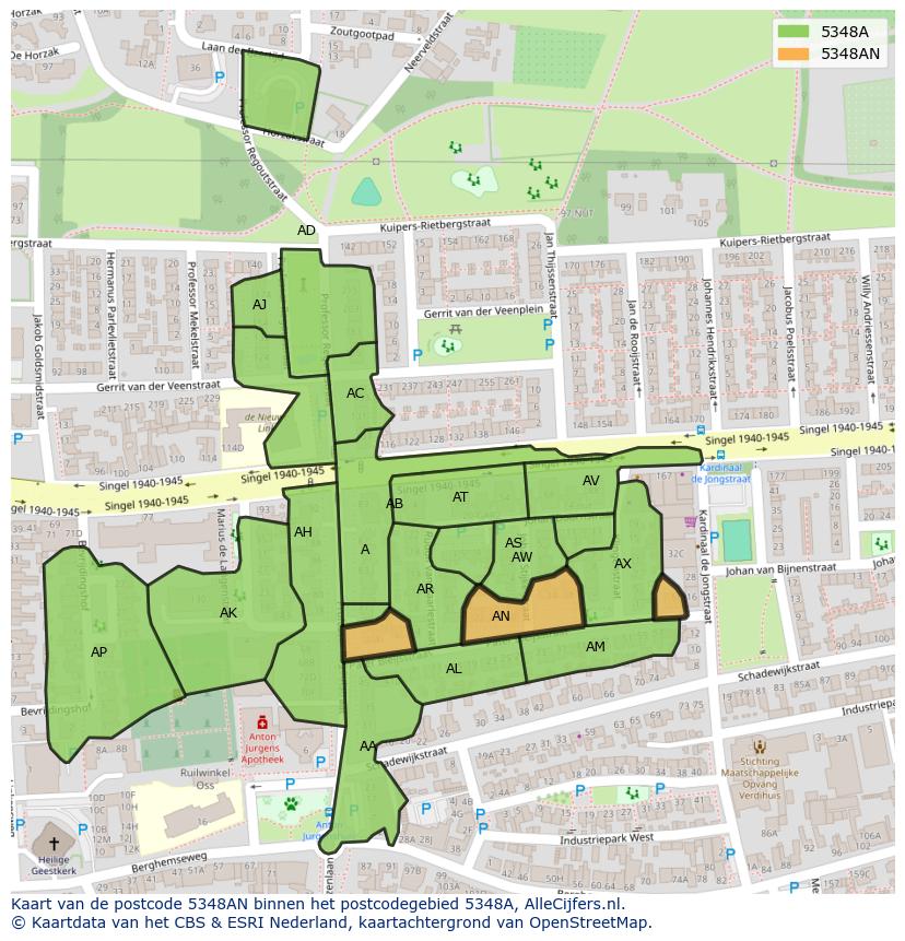 Afbeelding van het postcodegebied 5348 AN op de kaart.