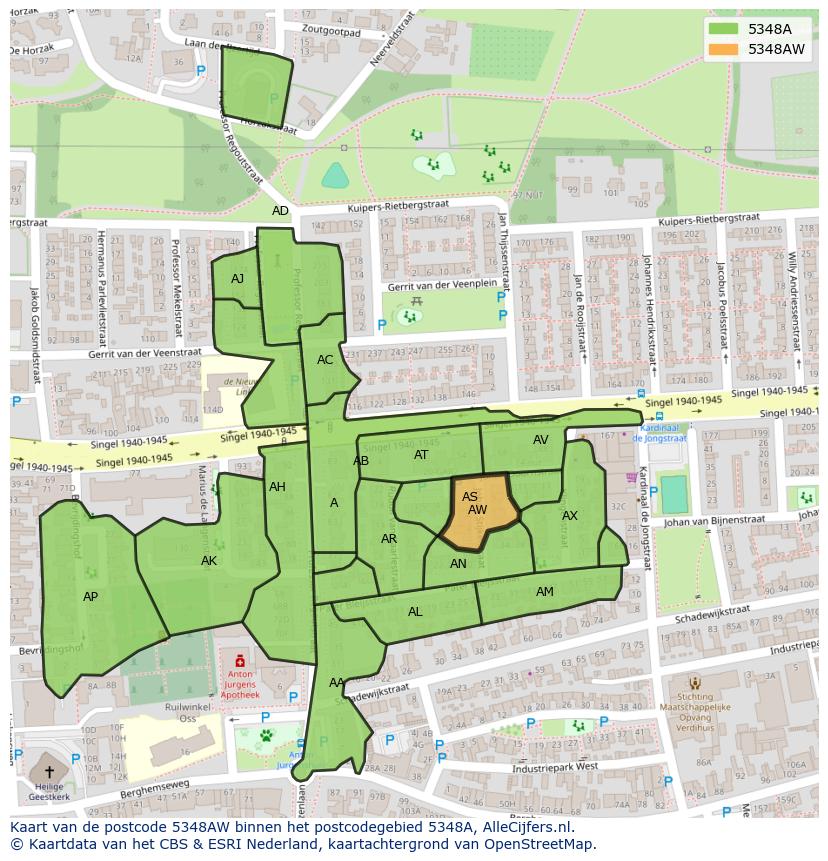 Afbeelding van het postcodegebied 5348 AW op de kaart.