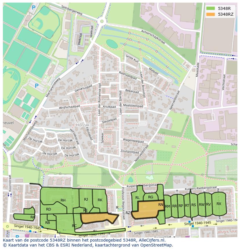Afbeelding van het postcodegebied 5348 RZ op de kaart.