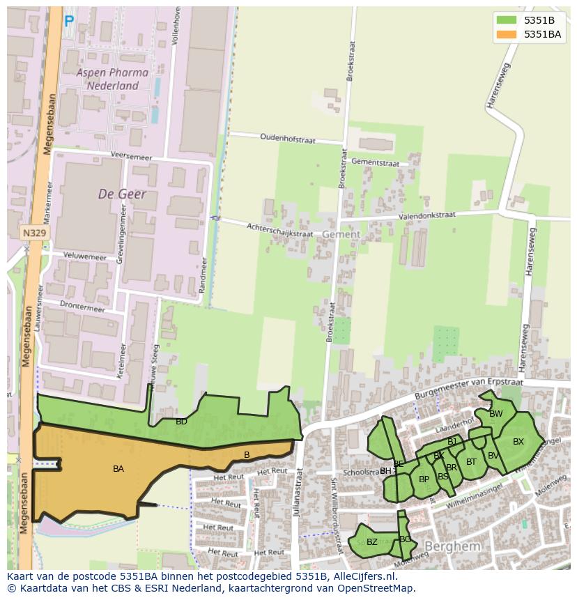 Afbeelding van het postcodegebied 5351 BA op de kaart.
