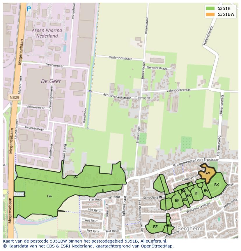 Afbeelding van het postcodegebied 5351 BW op de kaart.