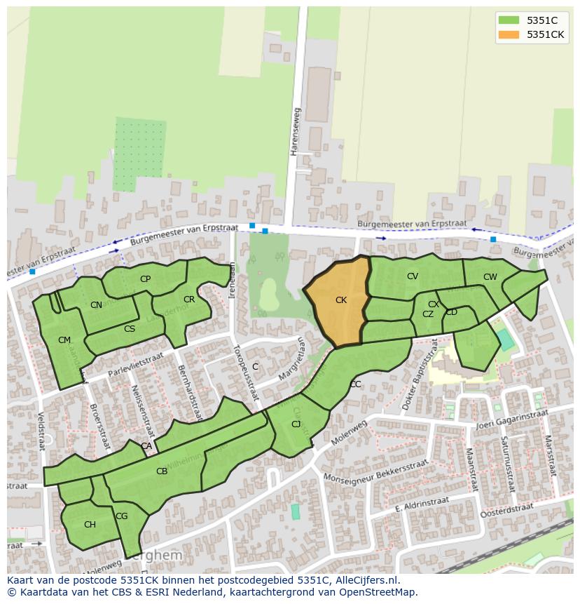 Afbeelding van het postcodegebied 5351 CK op de kaart.