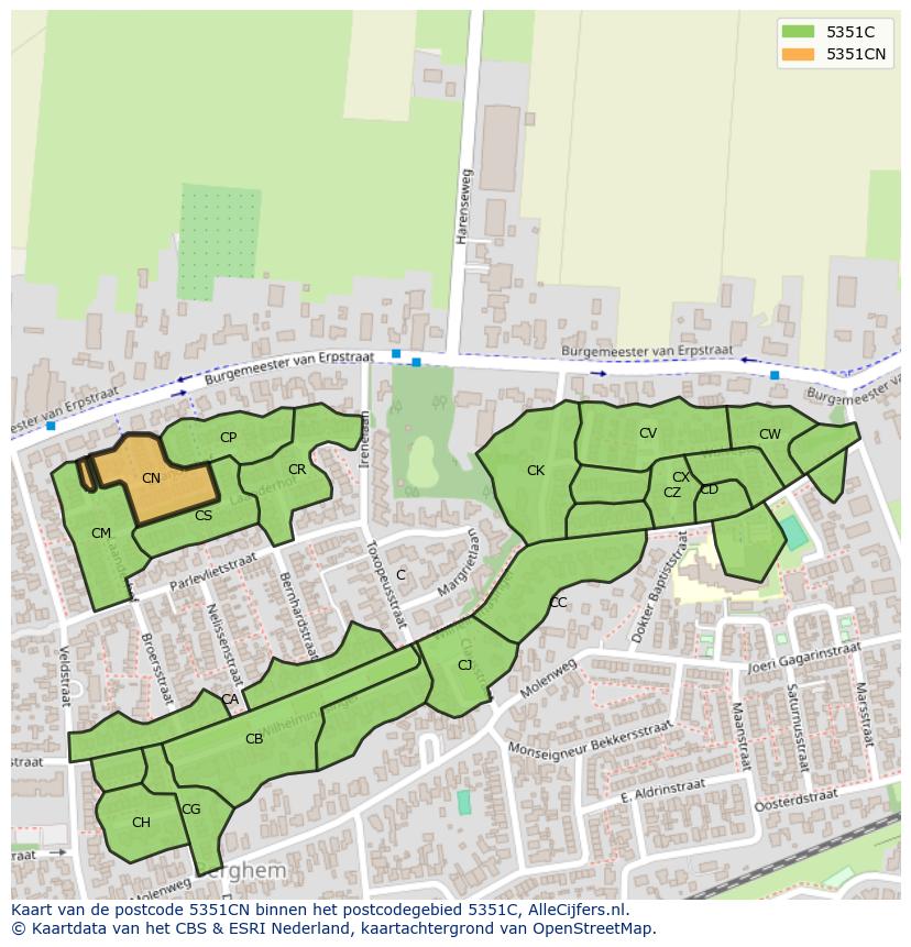 Afbeelding van het postcodegebied 5351 CN op de kaart.