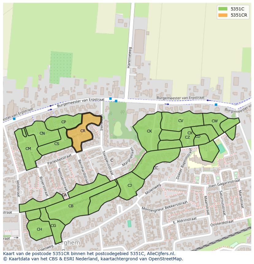 Afbeelding van het postcodegebied 5351 CR op de kaart.