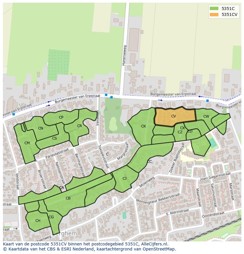 Afbeelding van het postcodegebied 5351 CV op de kaart.