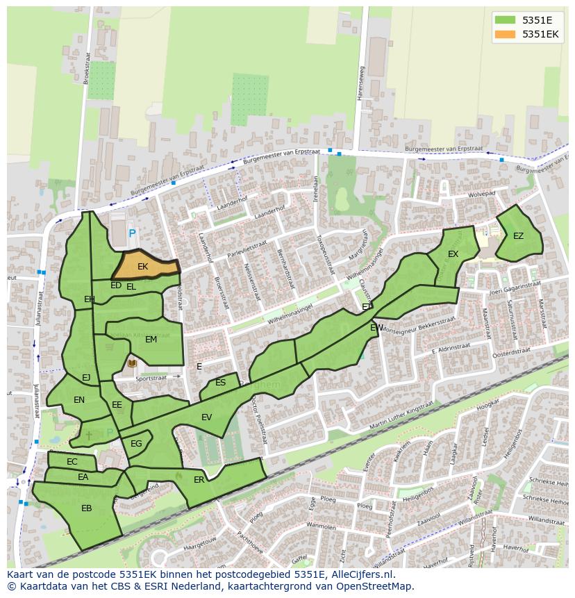 Afbeelding van het postcodegebied 5351 EK op de kaart.