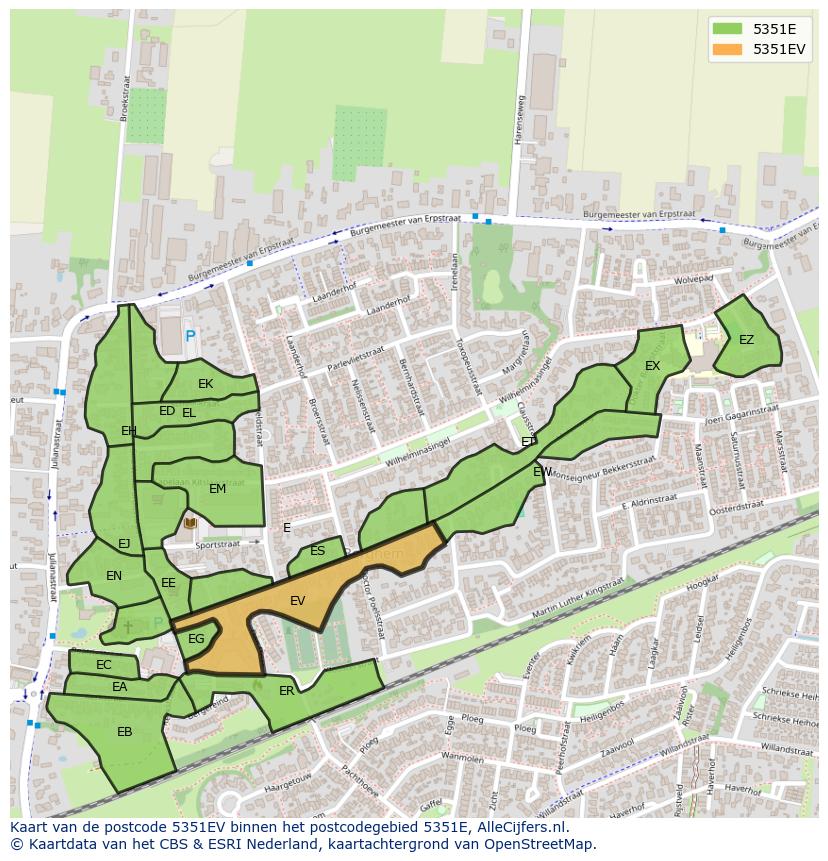 Afbeelding van het postcodegebied 5351 EV op de kaart.