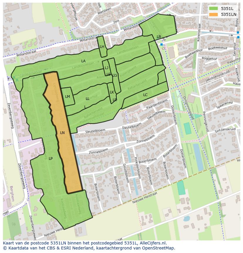 Afbeelding van het postcodegebied 5351 LN op de kaart.