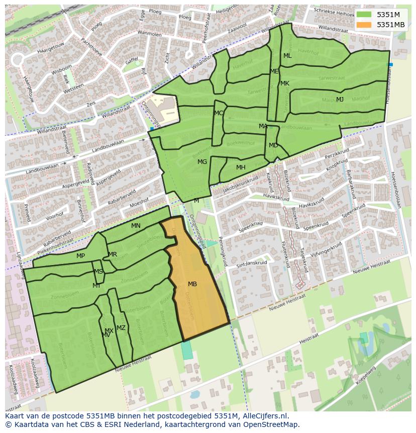 Afbeelding van het postcodegebied 5351 MB op de kaart.