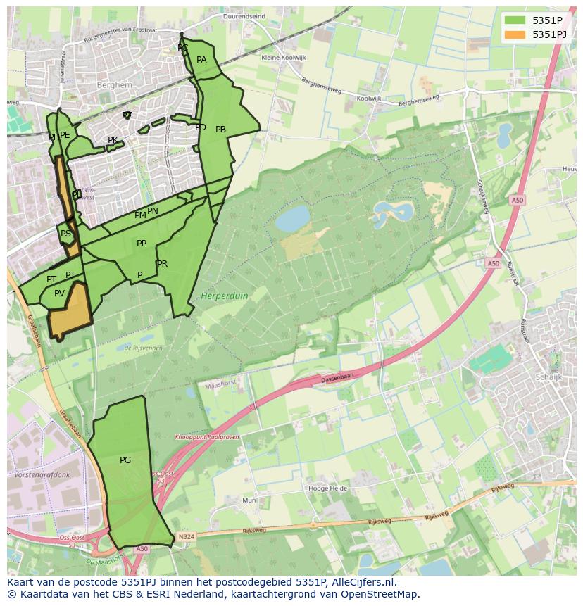 Afbeelding van het postcodegebied 5351 PJ op de kaart.