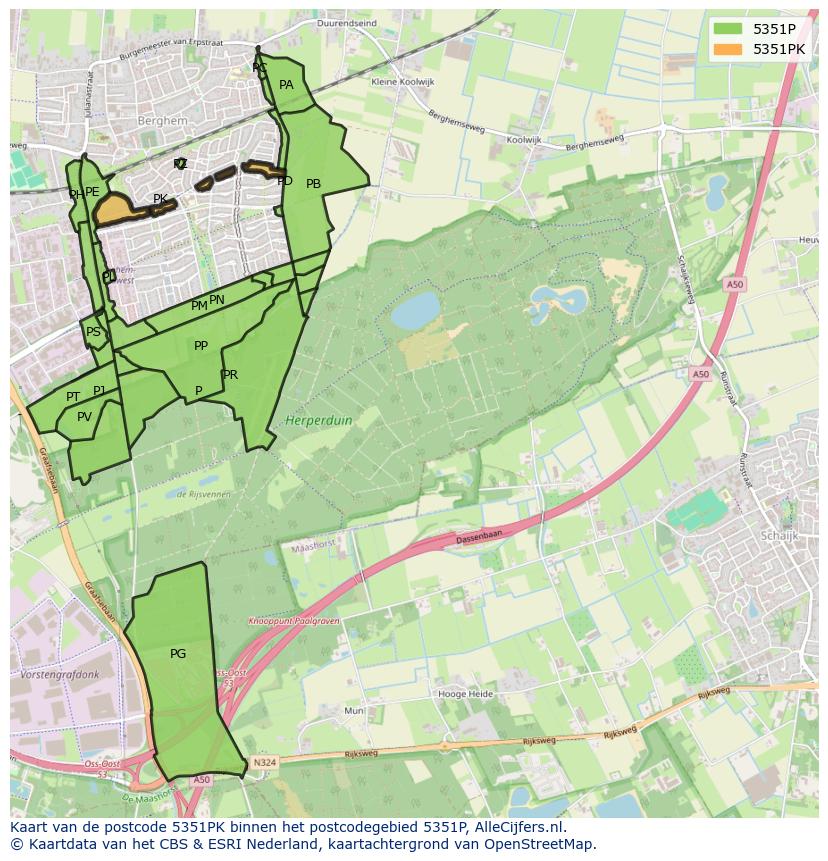 Afbeelding van het postcodegebied 5351 PK op de kaart.