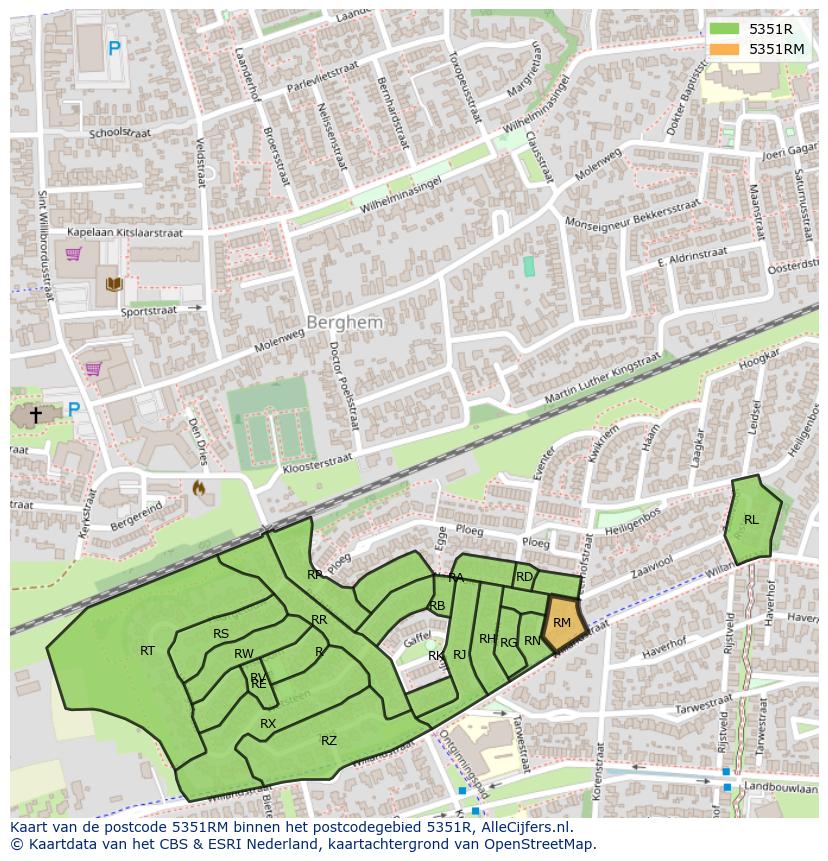 Afbeelding van het postcodegebied 5351 RM op de kaart.