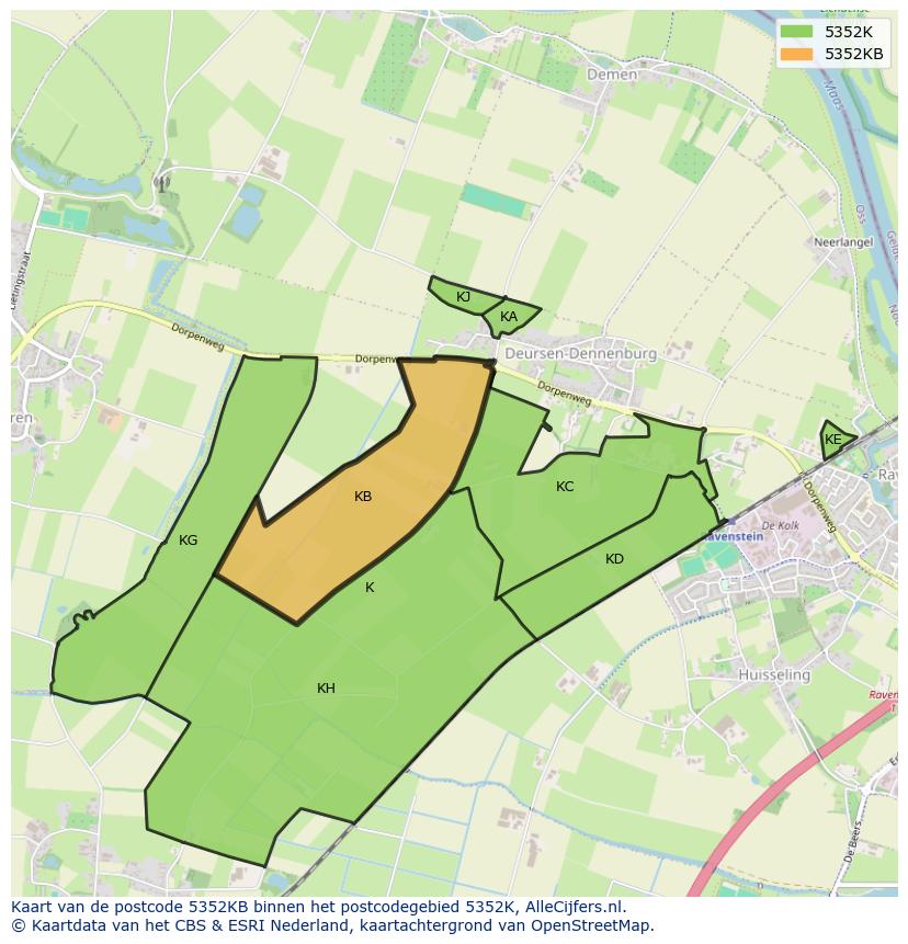 Afbeelding van het postcodegebied 5352 KB op de kaart.