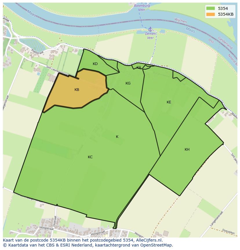 Afbeelding van het postcodegebied 5354 KB op de kaart.
