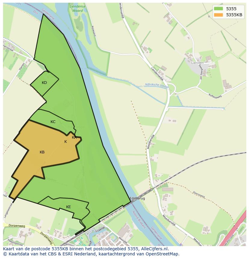 Afbeelding van het postcodegebied 5355 KB op de kaart.