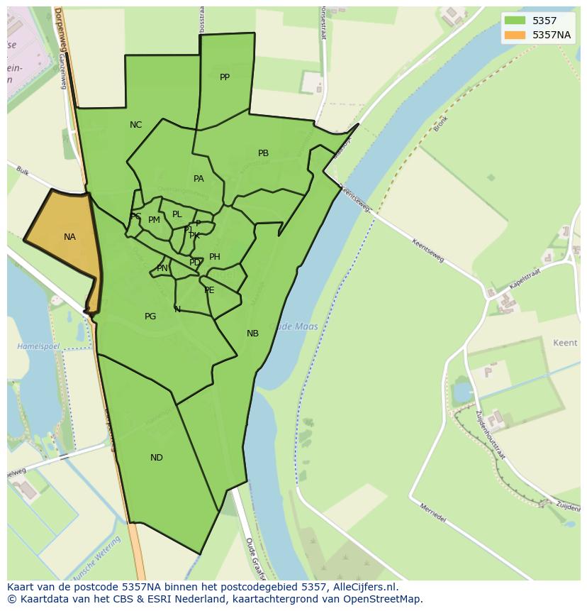 Afbeelding van het postcodegebied 5357 NA op de kaart.