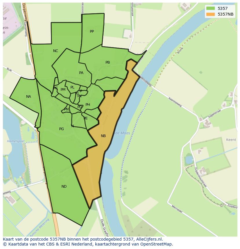 Afbeelding van het postcodegebied 5357 NB op de kaart.