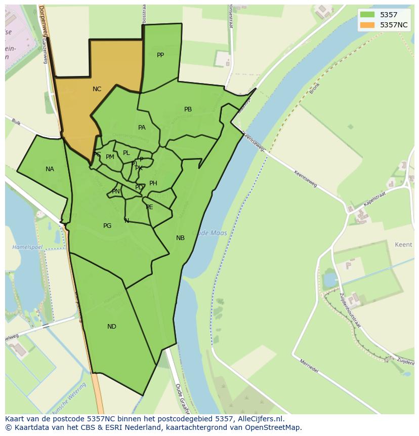 Afbeelding van het postcodegebied 5357 NC op de kaart.