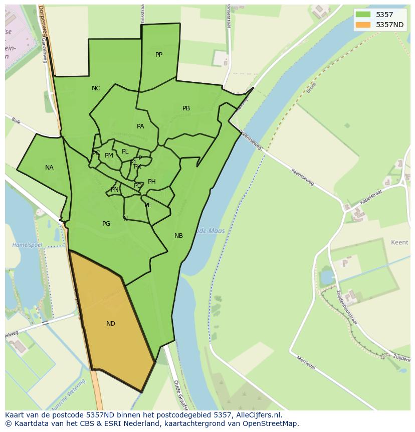 Afbeelding van het postcodegebied 5357 ND op de kaart.