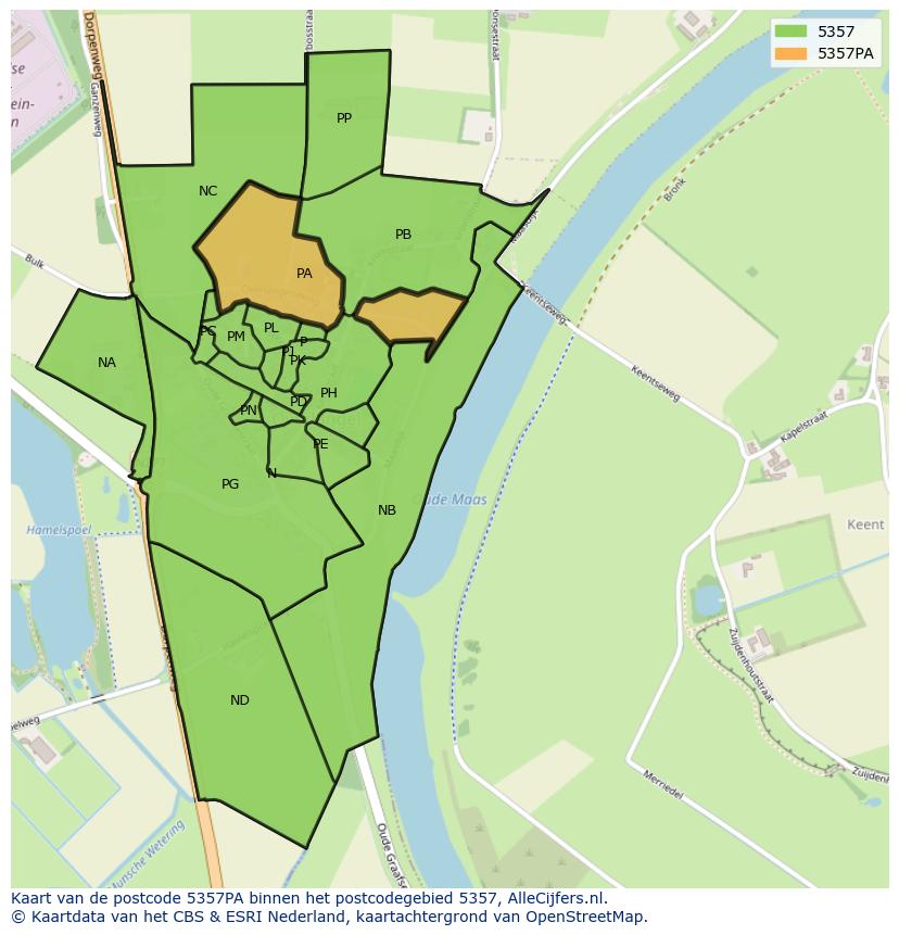 Afbeelding van het postcodegebied 5357 PA op de kaart.