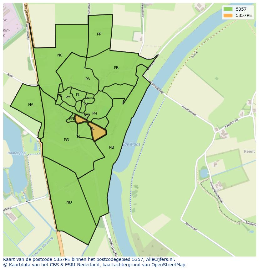 Afbeelding van het postcodegebied 5357 PE op de kaart.